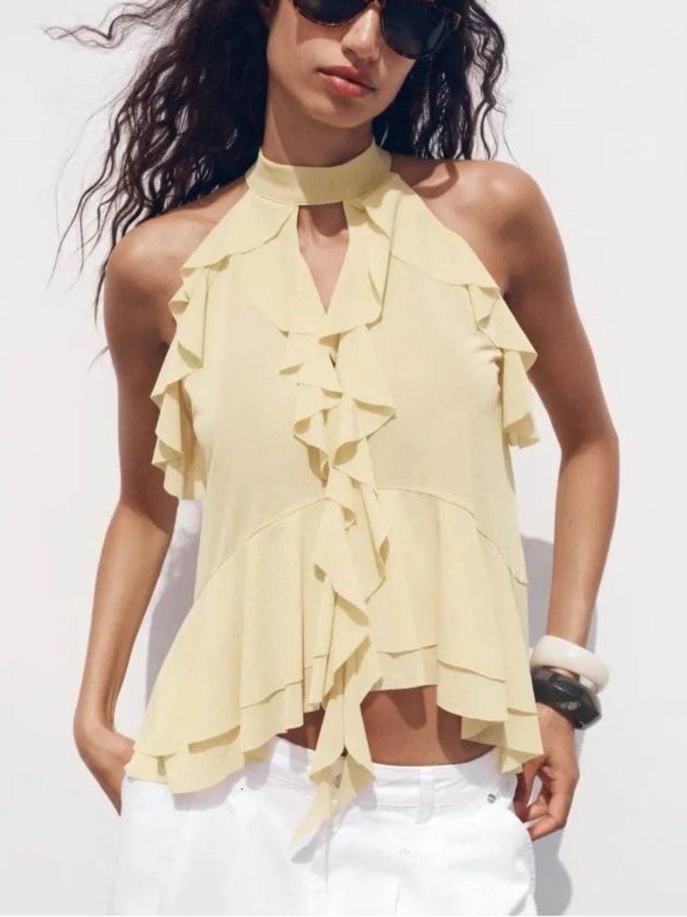 Zara Ruffled Halter Neck Sleeveless Top - Light Yellow